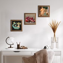 Pinecone İki Müzisyen Kız Tablosu, Şahmeran, Nar Taş Duvar Tablosu Ahşap Çerçeveli Duvar Dekoru 3 Parça Tablo Seti Wall Art W3-961