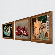 Pinecone İki Müzisyen Kız Tablosu, Şahmeran, Nar Taş Duvar Tablosu Ahşap Çerçeveli Duvar Dekoru 3 Parça Tablo Seti Wall Art W3-961