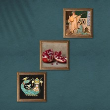 Pinecone İki Müzisyen Kız Tablosu, Şahmeran, Nar Taş Duvar Tablosu Ahşap Çerçeveli Duvar Dekoru 3 Parça Tablo Seti Wall Art W3-961