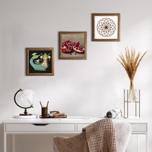Pinecone Stone Yaşam Çiçeği, Şahmeran, Nar Ahşap Çerçeveli Taş Duvar Tablosu 3’lü Set – 25x25 cm Dekoratif Modern Sanat – Ev ve Ofis Dekoru |W3-996|