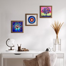 Pinecone Stone Nazar, Hayat Ağacı Ahşap Çerçeveli Taş Duvar Tablosu 3’lü Set – 25x25 cm Dekoratif Modern Sanat – Ev ve Ofis Dekoru |W3-228|