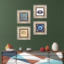 Pinecone Stone Nazar, Mandala, Vintage Çiçek Çerçeveli Taş Duvar Tablosu 4’lü Set - Dekoratif Modern Sanat, Ev ve Ofis Dekoru |TK4-1644|