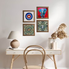 Pinecone Stone Nazar, Hayat Ağacı, Mandala, Fil Ahşap Çerçeveli Taş Duvar Tablosu 4’lü Set – 25x25 cm Dekoratif Modern Sanat – Ev ve Ofis Dekoru |W4-886|