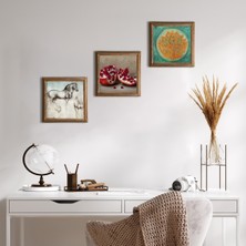Pinecone Stone Lotus Çiçeği, Leonardo da Vinci At Heykeli, Nar Ahşap Çerçeveli Taş Duvar Tablosu 3’lü Set – 25x25 cm Dekoratif Modern Sanat – Ev ve Ofis Dekoru |W3-1320|