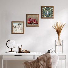 Pinecone Stone Hayat Ağacı, Leonardo da Vinci At Heykeli, Nar Ahşap Çerçeveli Taş Duvar Tablosu 3’lü Set – 25x25 cm Dekoratif Modern Sanat – Ev ve Ofis Dekoru |W3-1330|