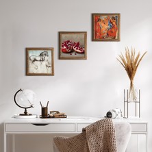 Pinecone Stone Picasso Avignonlu Kızlar, Leonardo da Vinci At Heykeli, Nar Ahşap Çerçeveli Taş Duvar Tablosu 3’lü Set – 25x25 cm Dekoratif Modern Sanat – Ev ve Ofis Dekoru |W3-1347|