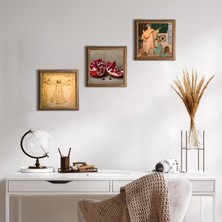Pinecone Stone İki Müzisyen Kız, Leonardo da Vinci Vitruvius Adamı, Nar Ahşap Çerçeveli Taş Duvar Tablosu 3’lü Set – 25x25 cm Dekoratif Modern Sanat – Ev ve Ofis Dekoru |W3-1355|