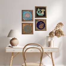 Pinecone Stone Yaşam Çiçeği, Tavus Kuşu, Şahmeran Ahşap Çerçeveli Taş Duvar Tablosu 4’lü Set – 25x25 cm Dekoratif Modern Sanat – Ev ve Ofis Dekoru |W4-476|