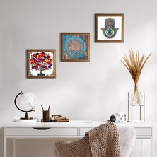 Pinecone Stone Yaşam Çiçeği, Nar Ağacı, Fatma Ana Eli (Hamsa) Ahşap Çerçeveli Taş Duvar Tablosu 3’lü Set – 25x25 cm Dekoratif Modern Sanat – Ev ve Ofis Dekoru |W3-315|