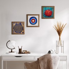 Pinecone Stone Nazar, Yaşam Çiçeği, Nar Ahşap Çerçeveli Taş Duvar Tablosu 3’lü Set – 25x25 cm Dekoratif Modern Sanat – Ev ve Ofis Dekoru |W3-346|