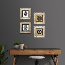 Pinecone Stone Nazar, Fatma Ana Eli (Hamsa) Çerçeveli Taş Duvar Tablosu 4’lü Set - Dekoratif Modern Sanat, Ev ve Ofis Dekoru |TK4-1807|