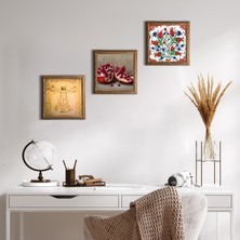 Pinecone Stone Çini Sanatı Lale, Leonardo da Vinci Vitruvius Adamı, Nar Ahşap Çerçeveli Taş Duvar Tablosu 3’lü Set – 25x25 cm Dekoratif Modern Sanat – Ev ve Ofis Dekoru |W3-1374|