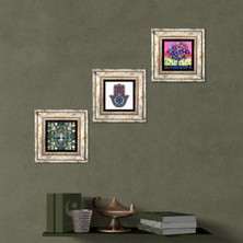 Pinecone Hayat Ağacı, Fatma Ana Eli (Hamsa) Taş Duvar Tablosu Çerçeveli Duvar Dekoru 3 Parça Tablo Seti Wall Art T3-213