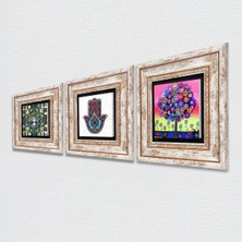 Pinecone Hayat Ağacı, Fatma Ana Eli (Hamsa) Taş Duvar Tablosu Çerçeveli Duvar Dekoru 3 Parça Tablo Seti Wall Art T3-213