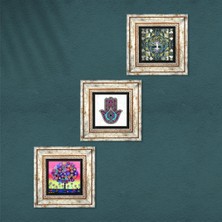 Pinecone Hayat Ağacı, Fatma Ana Eli (Hamsa) Taş Duvar Tablosu Çerçeveli Duvar Dekoru 3 Parça Tablo Seti Wall Art T3-213