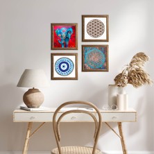 Pinecone Stone Nazar, Fil, Yaşam Çiçeği Ahşap Çerçeveli Taş Duvar Tablosu 4’lü Set – 25x25 cm Dekoratif Modern Sanat – Ev ve Ofis Dekoru |W4-827|