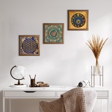 Pinecone Stone Mandala, Yaşam Çiçeği, Nazar Ahşap Çerçeveli Taş Duvar Tablosu 3’lü Set – 25x25 cm Dekoratif Modern Sanat – Ev ve Ofis Dekoru |W3-375|