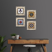 Pinecone Stone Fatma Ana Eli (Hamsa), Nazar, Nar Çerçeveli Taş Duvar Tablosu 4’lü Set - Dekoratif Modern Sanat, Ev ve Ofis Dekoru |TK4-1810|