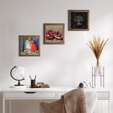Pinecone Stone Hayat Ağacı, Kaplumbağa Terbiyecisi, Nar Ahşap Çerçeveli Taş Duvar Tablosu 3’lü Set – 25x25 cm Dekoratif Modern Sanat – Ev ve Ofis Dekoru |W3-1541|