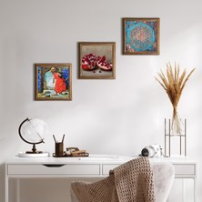 Pinecone Stone Yaşam Çiçeği, Kaplumbağa Terbiyecisi, Nar Ahşap Çerçeveli Taş Duvar Tablosu 3’lü Set – 25x25 cm Dekoratif Modern Sanat – Ev ve Ofis Dekoru |W3-1553|