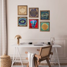 Pinecone Stone Fil, Nazar, Lotus Çiçeği, Yaşam Çiçeği Ahşap Çerçeveli Taş Duvar Tablosu 6’lı Set – 25x25 cm Dekoratif Modern Sanat – Ev ve Ofis Dekoru |W6-68|