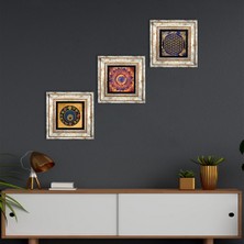Pinecone Stone Mandala, Yaşam Çiçeği, Nazar Çerçeveli Taş Duvar Tablosu 3’lü Set - Dekoratif Modern Sanat, Ev ve Ofis Dekoru |TK3-374|