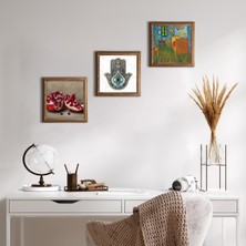 Pinecone Stone Van Gogh Yatak Odası, Nar, Fatma Ana Eli (Hamsa) Ahşap Çerçeveli Taş Duvar Tablosu 3’lü Set – 25x25 cm Dekoratif Modern Sanat – Ev ve Ofis Dekoru |W3-774|