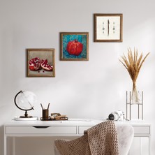 Pinecone Stone Elif, Nar Ahşap Çerçeveli Taş Duvar Tablosu 3’lü Set – 25x25 cm Dekoratif Modern Sanat – Ev ve Ofis Dekoru |W3-811|