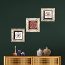 Pinecone Stone Mandala, Yaşam Çiçeği, Sri Yantra Çerçeveli Taş Duvar Tablosu 3’lü Set - Dekoratif Modern Sanat, Ev ve Ofis Dekoru |TK3-394|