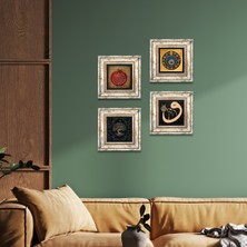 Pinecone Hayat Ağacı, Vav, Nazar, Bereket Duası Taş Duvar Tablosu Çerçeveli Duvar Dekoru 4 Parça Tablo Seti Wall Art T4-204