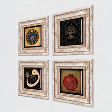 Pinecone Hayat Ağacı, Vav, Nazar, Bereket Duası Taş Duvar Tablosu Çerçeveli Duvar Dekoru 4 Parça Tablo Seti Wall Art T4-204