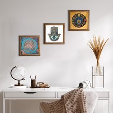 Pinecone Stone Yaşam Çiçeği, Nazar Boncuğu, Fatma Ana Eli (Hamsa) Ahşap Çerçeveli Taş Duvar Tablosu 3’lü Set – 25x25 cm Dekoratif Modern Sanat – Ev ve Ofis Dekoru |W3-324|