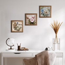 Pinecone Kelebekli Çiçek Taş Duvar Tablosu Ahşap Çerçeveli Duvar Dekoru 3 Parça Tablo Seti Wall Art W3-04