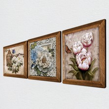 Pinecone Kelebekli Çiçek Taş Duvar Tablosu Ahşap Çerçeveli Duvar Dekoru 3 Parça Tablo Seti Wall Art W3-04