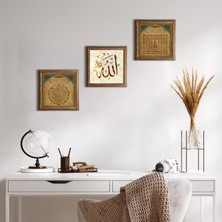 Pinecone Stone Allah Lafzı, Bereket Duası, Esma'ül Hüsna Ahşap Çerçeveli Taş Duvar Tablosu 3’lü Set – 25x25 cm Dekoratif Modern Sanat – Ev ve Ofis Dekoru |W3-115|