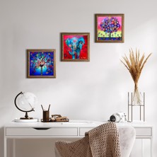 Pinecone Stone Fil, Hayat Ağacı Ahşap Çerçeveli Taş Duvar Tablosu 3’lü Set – 25x25 cm Dekoratif Modern Sanat – Ev ve Ofis Dekoru |W3-341|