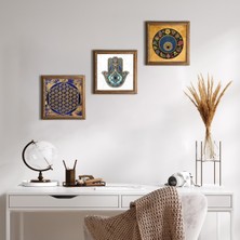 Pinecone Stone Yaşam Çiçeği, Nazar Boncuğu, Fatma Ana Eli (Hamsa) Ahşap Çerçeveli Taş Duvar Tablosu 3’lü Set – 25x25 cm Dekoratif Modern Sanat – Ev ve Ofis Dekoru |W3-351|