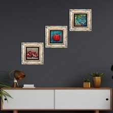 Pinecone Stone Van Gogh İrisler, Nar Çerçeveli Taş Duvar Tablosu 3’lü Set - Dekoratif Modern Sanat, Ev ve Ofis Dekoru |TK3-795|