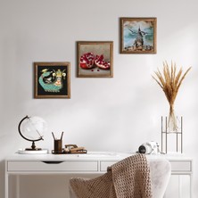 Pinecone İstanbul Galata Kulesi, Şahmeran, Nar Taş Duvar Tablosu Ahşap Çerçeveli Duvar Dekoru 3 Parça Tablo Seti Wall Art W3-977