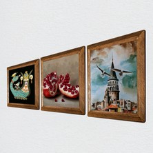 Pinecone İstanbul Galata Kulesi, Şahmeran, Nar Taş Duvar Tablosu Ahşap Çerçeveli Duvar Dekoru 3 Parça Tablo Seti Wall Art W3-977
