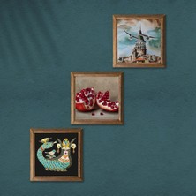 Pinecone İstanbul Galata Kulesi, Şahmeran, Nar Taş Duvar Tablosu Ahşap Çerçeveli Duvar Dekoru 3 Parça Tablo Seti Wall Art W3-977