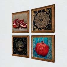 Pinecone Sri Yantra, Hayat Ağacı, Nar Taş Duvar Tablosu Ahşap Çerçeveli Duvar Dekoru 4 Parça Tablo Seti Wall Art W4-651