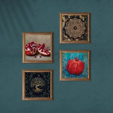 Pinecone Sri Yantra, Hayat Ağacı, Nar Taş Duvar Tablosu Ahşap Çerçeveli Duvar Dekoru 4 Parça Tablo Seti Wall Art W4-651