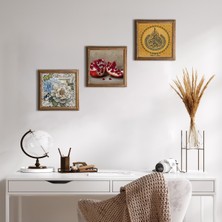 Pinecone Ayet-el Kürsi, Kelebekli Çiçek, Nar Taş Duvar Tablosu Ahşap Çerçeveli Duvar Dekoru 3 Parça Tablo Seti Wall Art W3-1171