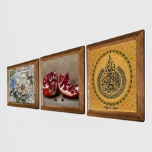 Pinecone Ayet-el Kürsi, Kelebekli Çiçek, Nar Taş Duvar Tablosu Ahşap Çerçeveli Duvar Dekoru 3 Parça Tablo Seti Wall Art W3-1171