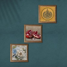 Pinecone Ayet-el Kürsi, Kelebekli Çiçek, Nar Taş Duvar Tablosu Ahşap Çerçeveli Duvar Dekoru 3 Parça Tablo Seti Wall Art W3-1171