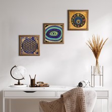 Pinecone Stone Nazar, Yaşam Çiçeği Ahşap Çerçeveli Taş Duvar Tablosu 3’lü Set – 25x25 cm Dekoratif Modern Sanat – Ev ve Ofis Dekoru |W3-371|