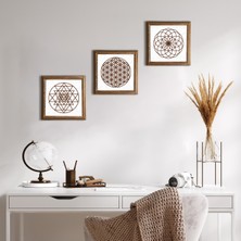 Pinecone Stone Yaşam Çiçeği, Sri Yantra Ahşap Çerçeveli Taş Duvar Tablosu 3’lü Set – 25x25 cm Dekoratif Modern Sanat – Ev ve Ofis Dekoru |W3-46|