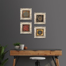 Pinecone Stone Yaşam Çiçeği, Sri Yantra, Nazar, Desen Çerçeveli Taş Duvar Tablosu 4’lü Set - Dekoratif Modern Sanat, Ev ve Ofis Dekoru |TK4-543|