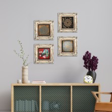 Pinecone Stone Yaşam Çiçeği, Kuş, Sri Yantra Çerçeveli Taş Duvar Tablosu 4’lü Set - Dekoratif Modern Sanat, Ev ve Ofis Dekoru |TK4-574|